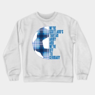 Scotland's Tartan Army, Blue and White Tartan Ball and Text Design Crewneck Sweatshirt